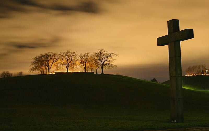 Cross at sunset, christ, jesus, sunset, cross, field, HD wallpaper