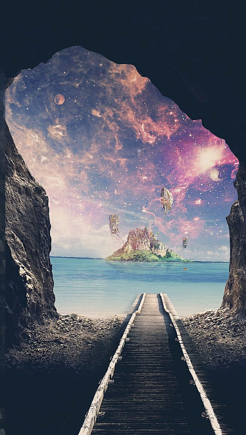 fantasy world, cave, island, nature, sea, star, HD phone wallpaper
