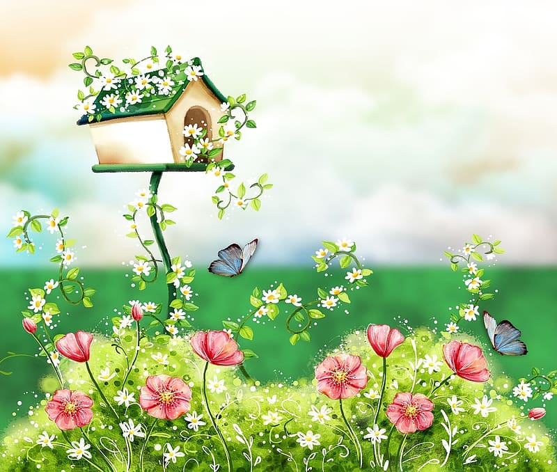 :), green, house, burd, pink, art, flower, HD wallpaper