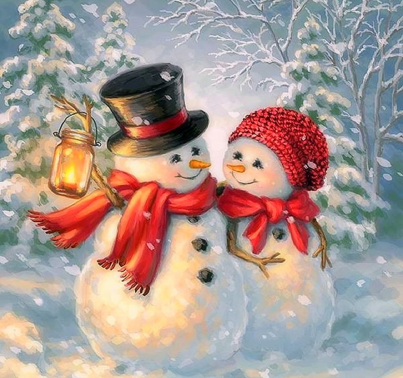 Snow much in love, nature, winter, Christmas, holidays, snowmen, lantern, white trees, love four seasons, xmas and new year, paintings, snow, love, forests, HD wallpaper
