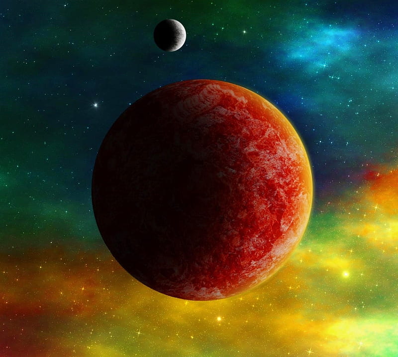 3d space, colorful, galaxy, moon, planet, rainbow, space, stars, HD wallpaper