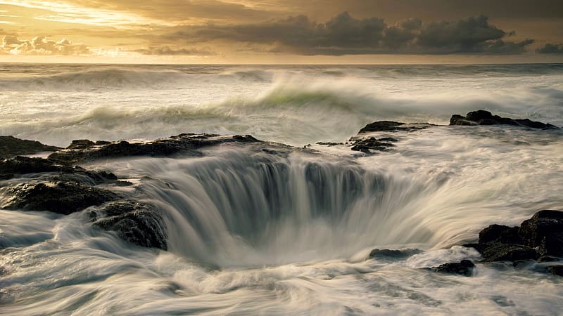 Thor's Well - Oregon Coast, USA, sky, water, rocks, coast, clouds, HD wallpaper