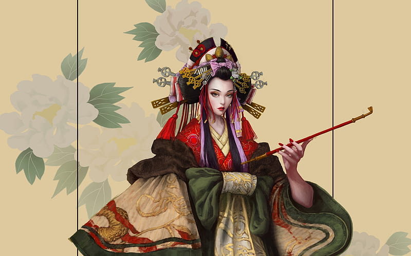 Geisha, luminos, girl, pipe, lei jiang, red, art, frumusete, kimono, fantasy, green, HD wallpaper