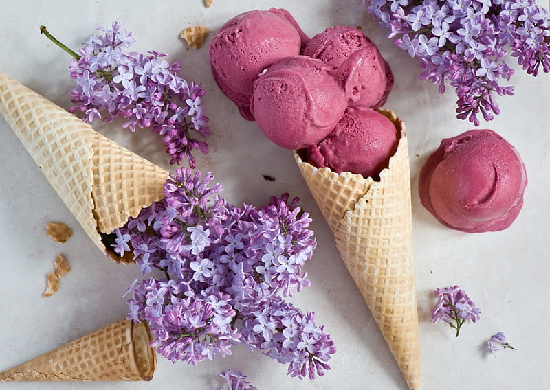 Lilac ice cream, lilac, ice cream, food, waffles, sweet, dessert, purple, flower, white, pink, wood, HD wallpaper