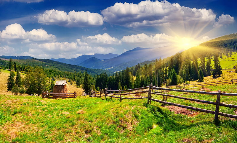 Rays of light, fence, sun, grass, cottage, dazzling, shine, bonito, clouds, mountain, village, morning, light, lovely, houses, sunlight, golden, sky, trees, rays, slope, peaceful, summer, day, sunshine, grassland, HD wallpaper