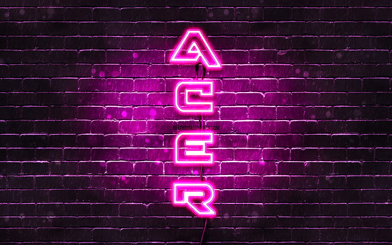 Acer purple logo, vertical text, purple brickwall, Acer neon logo, creative, Acer logo, artwork, Acer, HD wallpaper