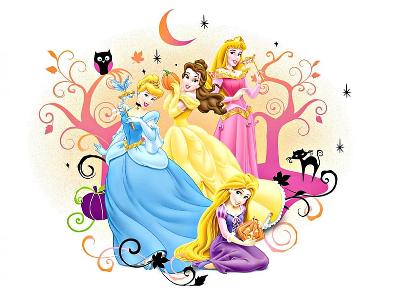 Happy Halloween!, movie, halloween, yellow, fantasy, moon, pumpkin, pink, disney, rapunzel, owl, moon, aurora, belle, black, cat, cinderella, white, princess, HD wallpaper