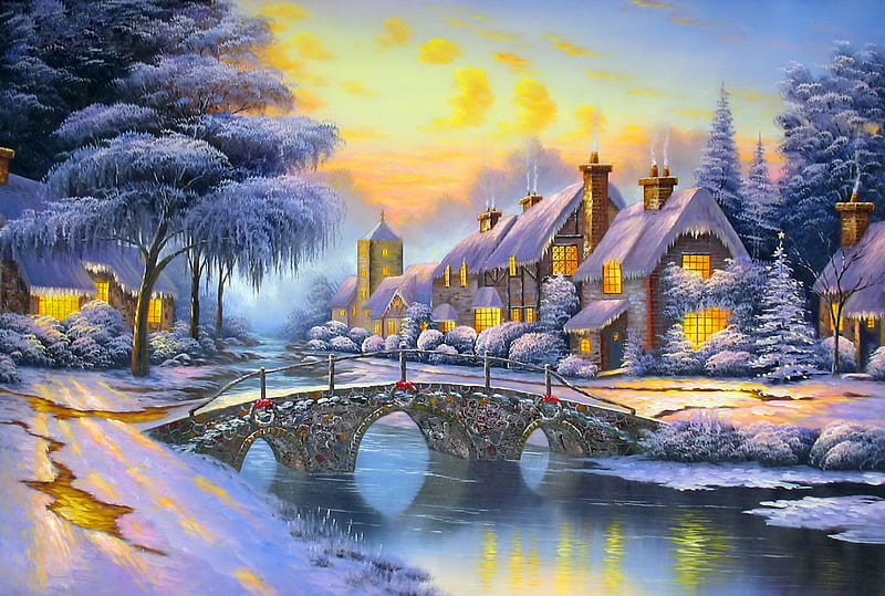 Cobblestone Christmas, stream, pretty, shore, house, cabin, clouds, eve, lights, nice, village, evening, reflection, lovely, christmas, new year, sky, trees, mood, winter, noel, water, serenity, snow, colorful, cottage, bonito, cold, bridge, painting, river, frost, creek, cobblestine, holy, santa, peaceful, frozen, HD wallpaper