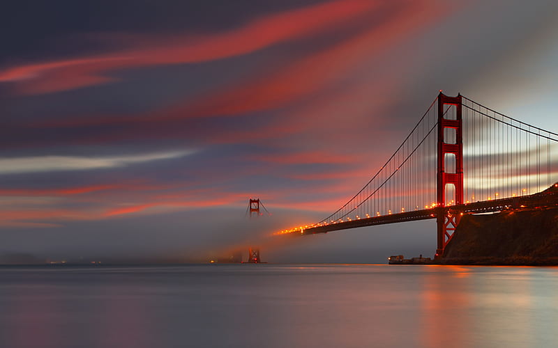 Golden Gate Bridge at dusk, cloud of smog, bridge, sea, red sky, HD wallpaper