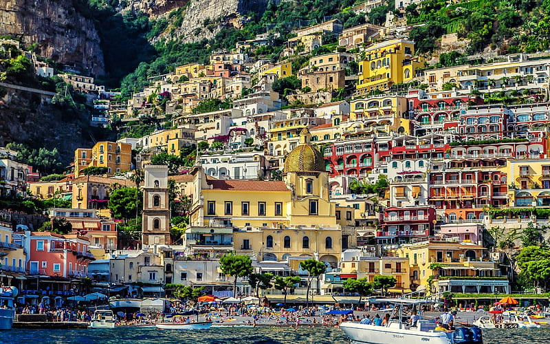 Positano, buildings, panorams, beach, Amalfi, Italy, HD wallpaper