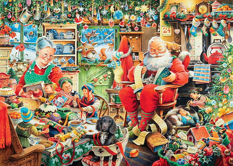 Santa's workshop, red, art, santa, christmas, craciun, elf, painting, pictura, HD wallpaper