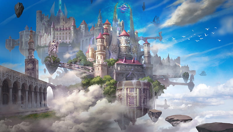 Castle, art, cloud, fantasy, luminos, pink, wei chang, blue, white, HD wallpaper