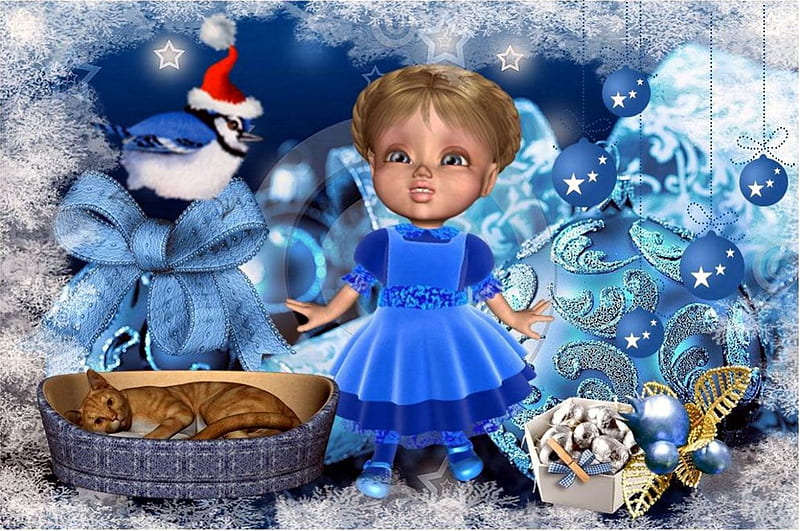 Sweet Christmas, ornaments, bird, puppet, cat, artwork, HD wallpaper ...
