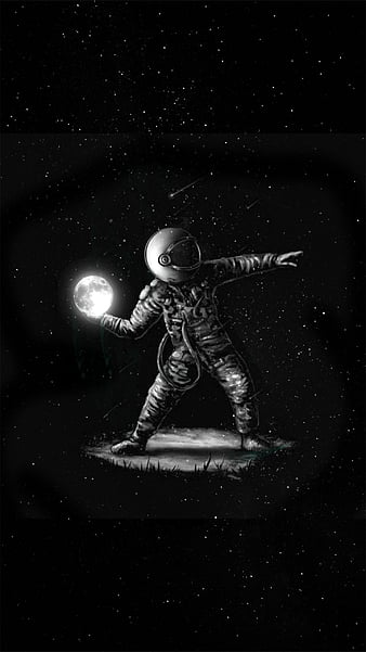 Astronaut with Moon, amoled, black, man, space, HD phone wallpaper