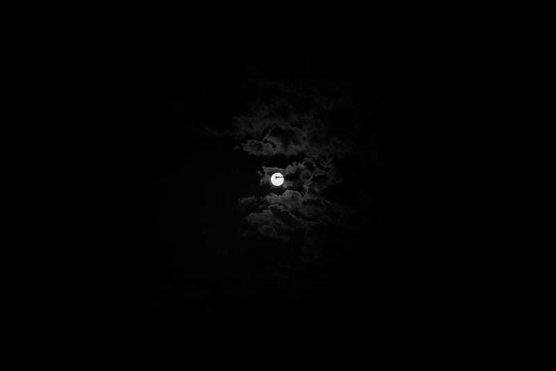 moon, sky, clouds, night, black and white, black, HD wallpaper