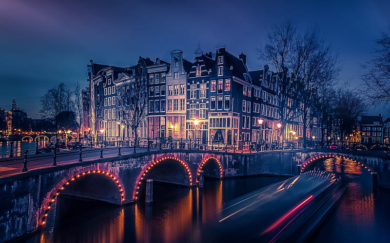 Amsterdam, nightscape, bridge, river, canal, Holland, Netherlands, HD wallpaper