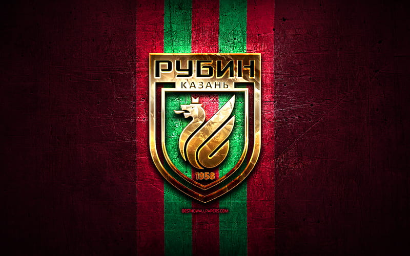 Rubin Kazan FC, golden logo, Russian Premier League, purple metal background, football, Rubin Kazan, russian football club, Rubin Kazan logo, soccer, Russia, HD wallpaper