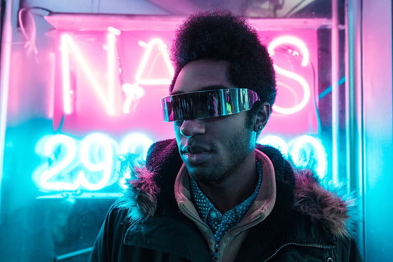 man wearing black parka jacket and black sunglasses in front of neon signage, HD wallpaper