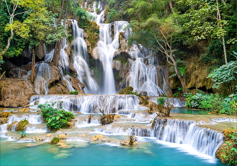 Kuang Si falls, waterfall, bonito, pool, falls, rocks, forest, exotic, turquoise, cascades, water, Laos, HD wallpaper