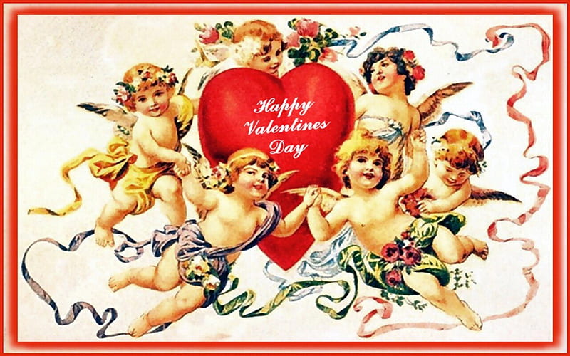 Happy Valentines Day F2, art, romance, postcard, Victorian, illustration, artwork, love, Valentine, wide screen, cherubs, computer graphics, occasion, HD wallpaper