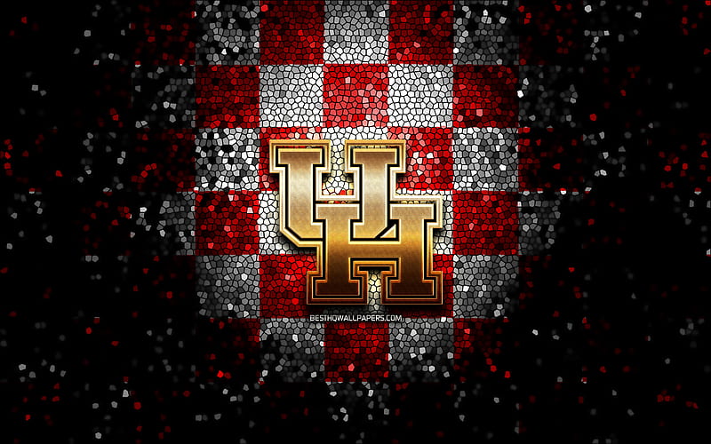 Houston Cougars, glitter logo, NCAA, red white checkered background, USA, american football team, Houston Cougars logo, mosaic art, american football, America, HD wallpaper