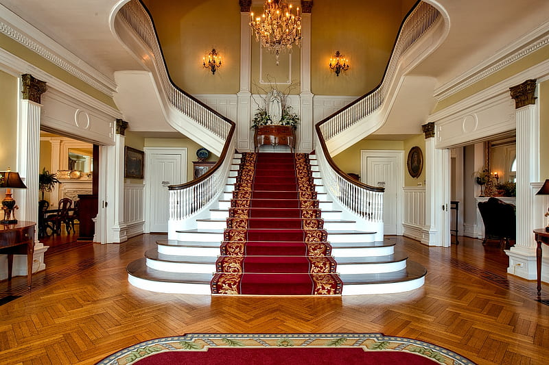 lobby staircase, rug, staircase, lobby, chanderlier, HD wallpaper
