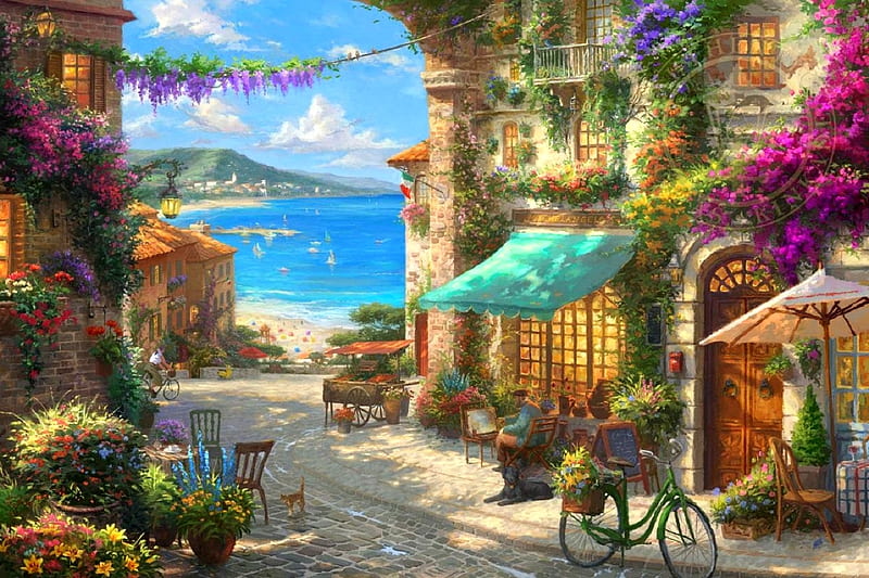 Italian Cafe, mediterranean sea, piazza, oceans, love four seasons, bicycle, attractions in dreams, paintings, paradise, beaches, summer, flowers, nature, harbor, HD wallpaper