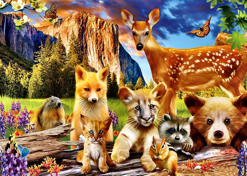 Cute Critters F1, squirrel, bear, bonito, artwork, deer, canine, animal, lion cub, painting, wide screen, groundhog, red fox, art, butterflies, raccoon, fox, wildlife, bobcat, HD wallpaper