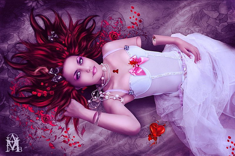 Gothic Style, art, girl, gothic, rose, redhead, heart, petals, bed, HD wallpaper