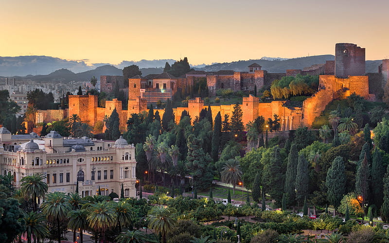 Malaga, evening, sunset, old fortress, Andalusia, Spain, Malaga landmark, Alcazaba of Malaga, Malaga city landscape, HD wallpaper