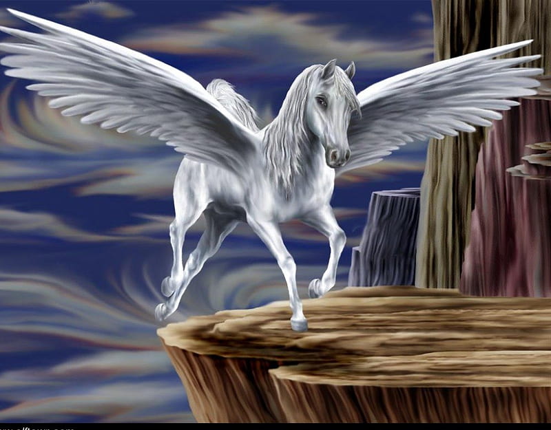 Silver Pegasus, mountain, wings, ledge, winged, horse, clouds, sky, HD wallpaper