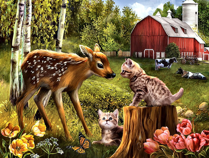 Want to be Friends - Fawn, art, bonito, pets, illustration, artwork, deer, animal, feline, painting, wide screen, wildlife, nature, cats, cows, HD wallpaper