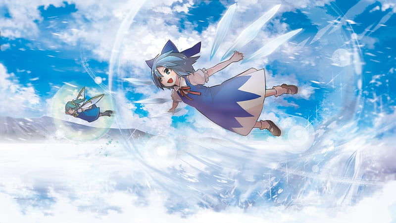 Fairies To The Rescue!!, wings, Touhou, Daiyousei, magic, sky, Cirno, cute, anime, flying, fairies, HD wallpaper