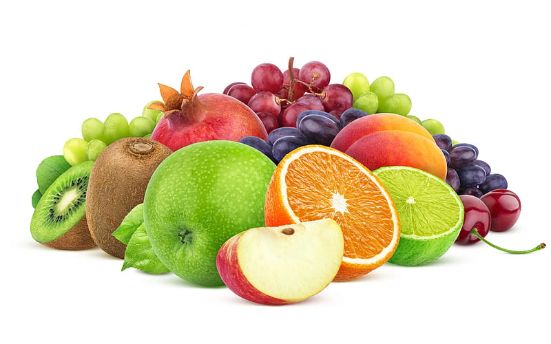 Fruits, green, orange, apple, colorful, portocala, struguri, kiwi, rodie, fruit, grapes, cherrie, HD wallpaper