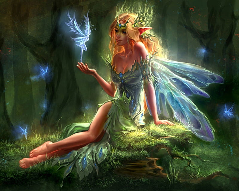 Forest Elf and the Little Fairies, forest, lovely, glowing, elf, trees, girl, flying, fairies, hand, sitting, blue, HD wallpaper