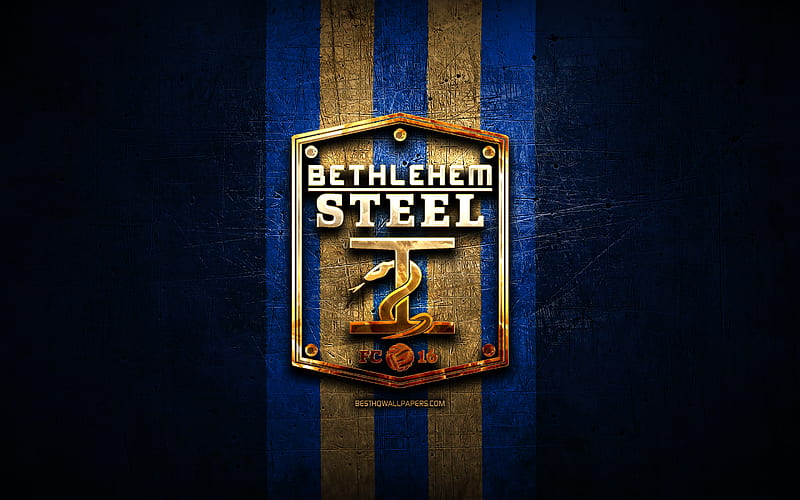 Bethlehem FC, golden logo, USL, blue metal background, american soccer club, United Soccer League, Bethlehem logo, soccer, USA, HD wallpaper