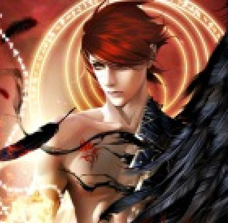 Fallen angel, red, art, redhead, black, man, wing, feimo, fantasy, feather, HD wallpaper