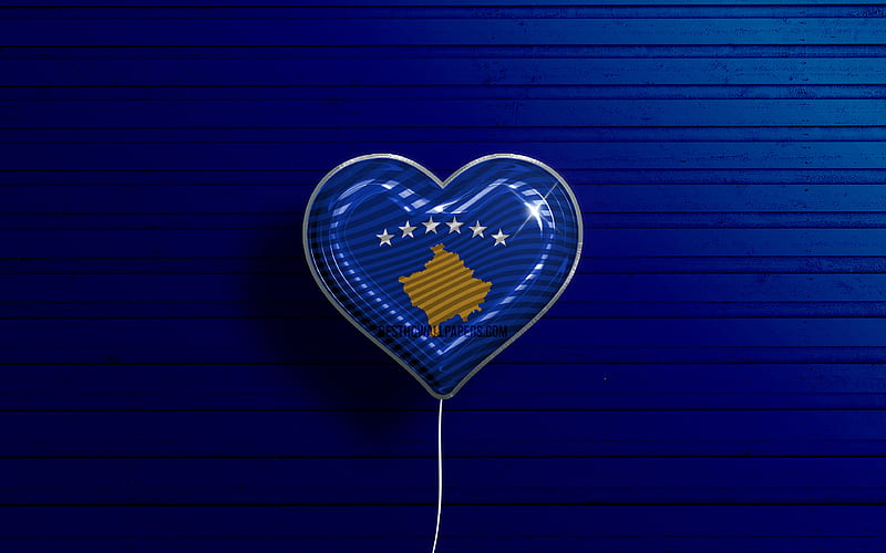 I Love Kosovo realistic balloons, blue wooden background, Kosovar flag heart, Europe, favorite countries, flag of Kosovo, balloon with flag, Kosovar flag, Kosovo, Love Kosovo, HD wallpaper