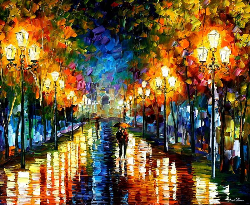 Leonid Afremov - Night in the city, autumn, ride, walk, man, leonid afremov, lights, night, HD wallpaper