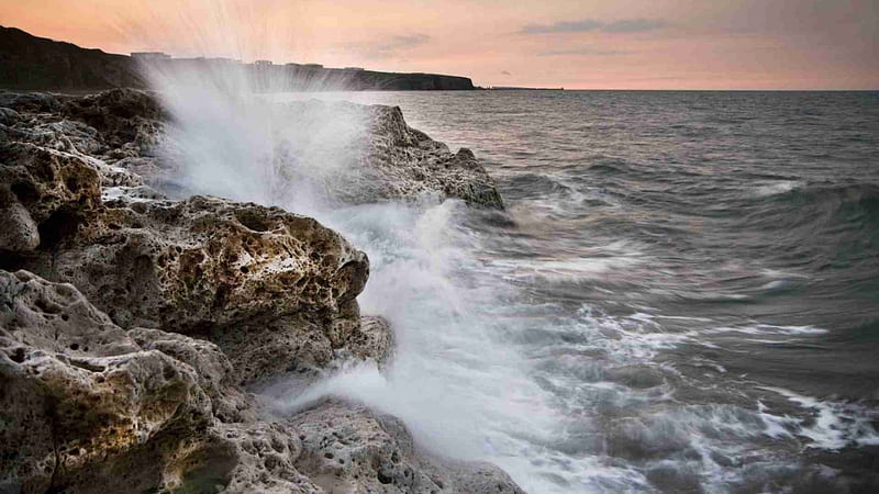 sea crashing on an amazing rocky shore, rocks, shore, porous, spray, waves, sea, HD wallpaper