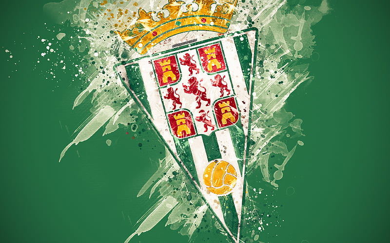 Cordoba FC paint art, logo, creative, Spanish football team, Segunda, emblem, green background, grunge style, Córdoba, Spain, Second Division B, football, HD wallpaper