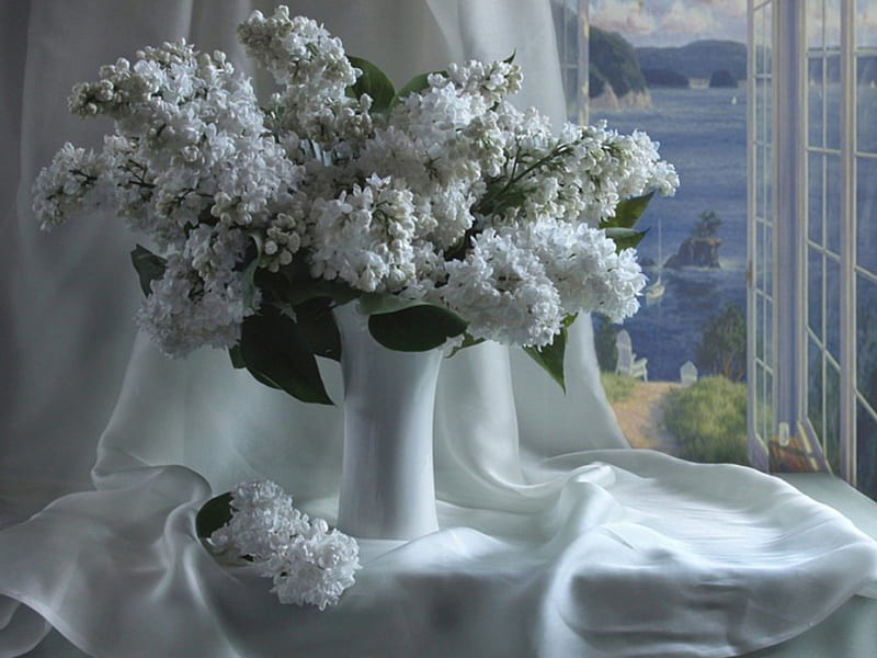 Soft & Smooth, table, window, flowers, vase, soft, white, sea, HD wallpaper