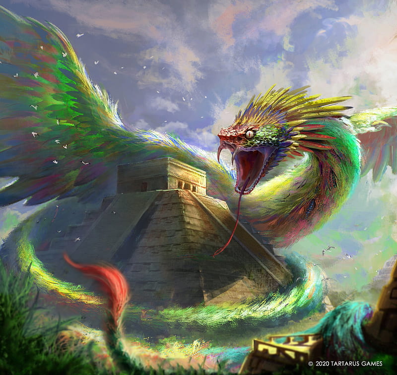 Quetzalcoatl, red, fantasy, green, feather, simone torcasio, aztec, snake,  dragon, HD wallpaper | Peakpx