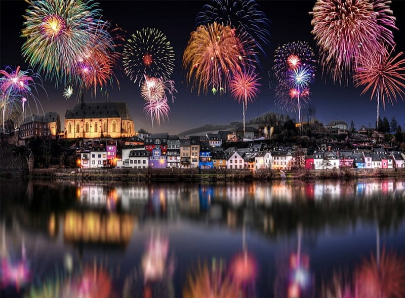 Fireworks over Germany, lakes, germany, fireworks, cityscapes, reflections, HD wallpaper