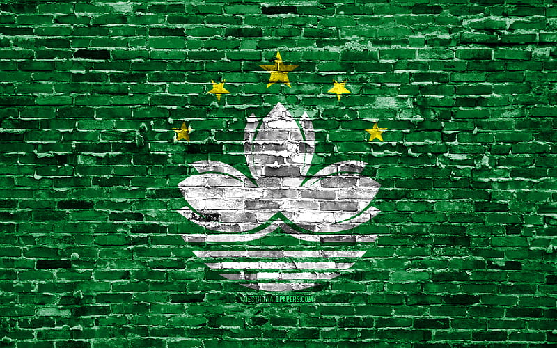 Macau flag, bricks texture, Asia, national symbols, Flag of Macau, brickwall, Macau 3D flag, Asian countries, Macau, HD wallpaper