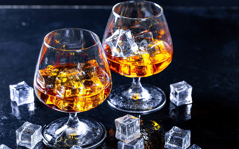 brandy with ice, ice cubes, brandy glasses, cognac, brandy, glasses on the table, HD wallpaper