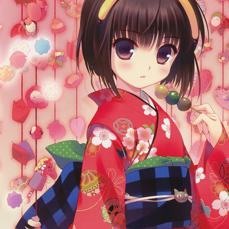 Kimono Chan, pretty, adorable, sweet, nice, japan, anime, yukata, anime girl, female, lovely, japanese, food, brown hair, kimono, short hair, cute, kawaii, girl, oriental, dango, HD wallpaper