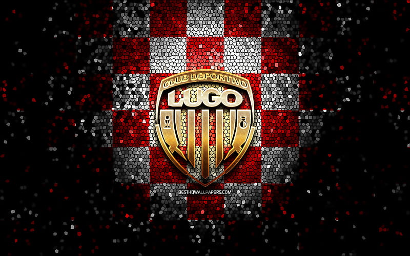 Lugo FC, glitter logo, La Liga 2, red white checkered background, Segunda, soccer, spanish football club, Lugo logo, mosaic art, football, LaLiga 2, CD Lugo, HD wallpaper