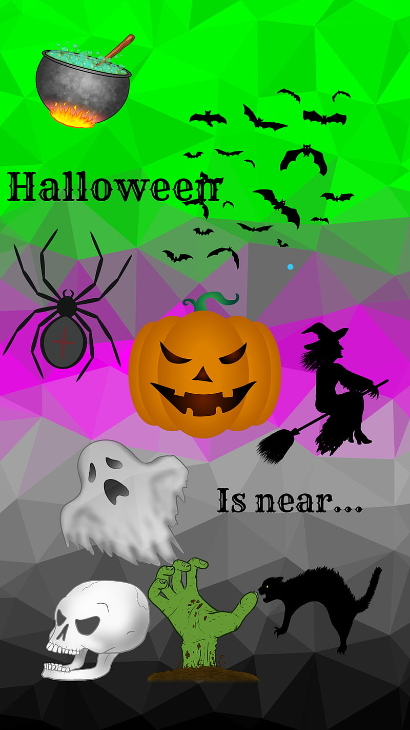 Halloween is near, bats, cauldron, ghost, gradient, pumpkin, skull, witch, zombie, HD phone wallpaper