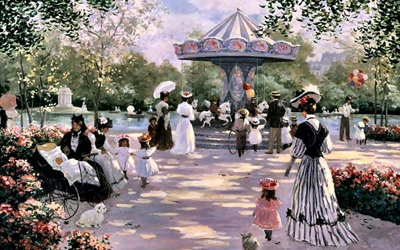 Parisian Carousel F2, art, cityscape, children, fun, park, artwork, Paris, carousel, painting, wide screen, scenery, HD wallpaper